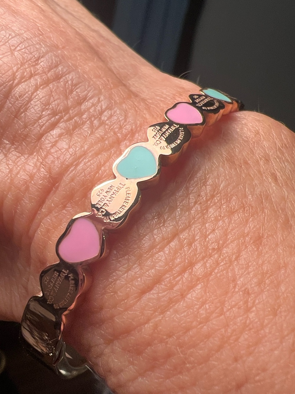 Gold-Tone Heart Link Bracelet with Pink and Light Blue Enamel Hearts